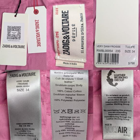 Zadig & Voltaire Very Daim Froisse Crinkled Suede Tulip Pink Blazer Jacket 34 XS - Picture 7 of 14